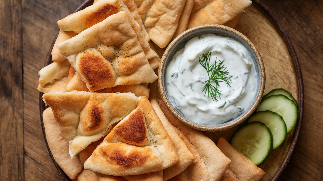 Crispy pita chips served with creamy tzatziki sauce, garnished with dill and cucumber on a rustic table.