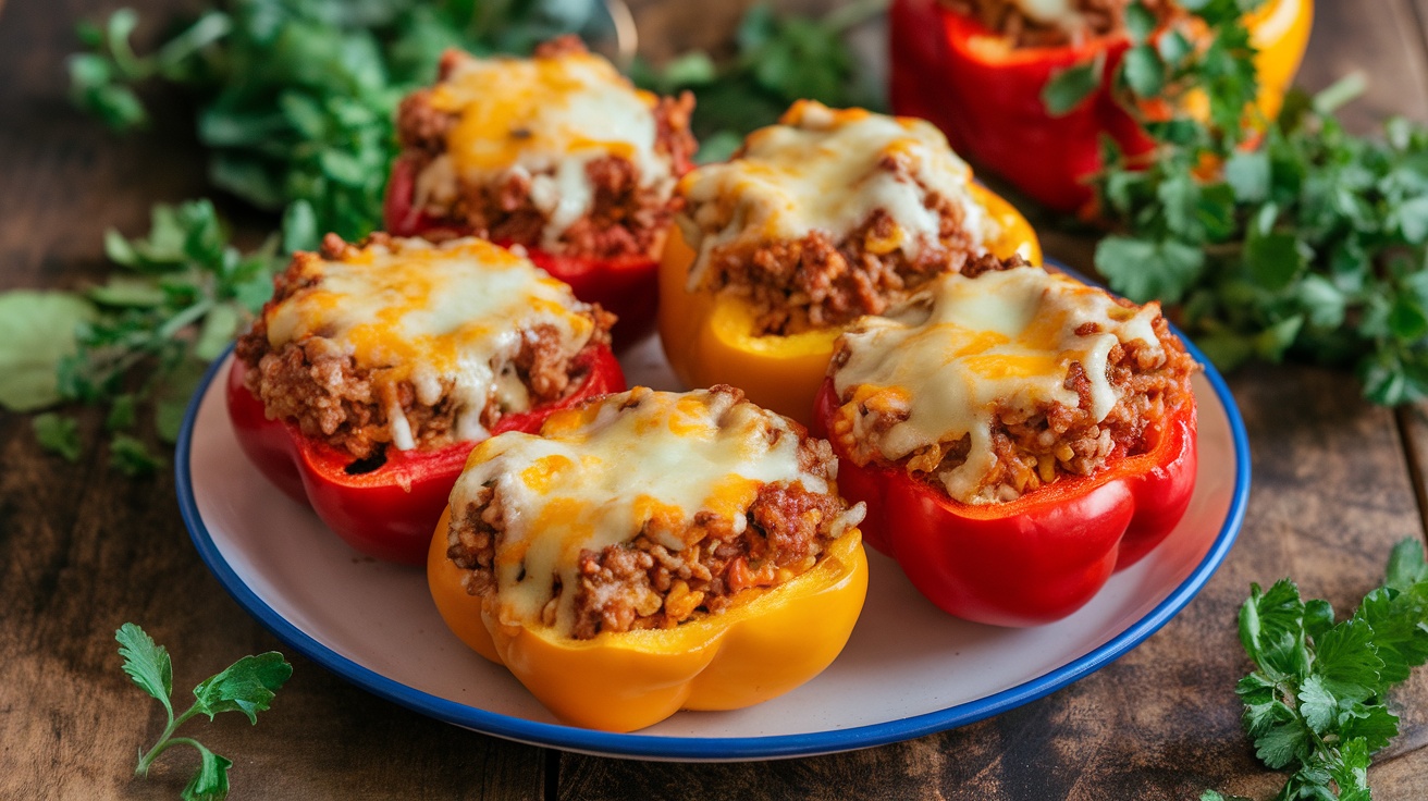 Stuffed bell peppers filled with meat and rice, topped with melted cheese, served on a plate.