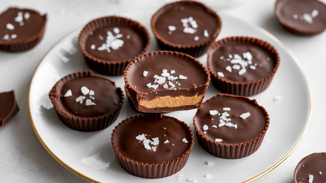 Homemade chocolate peanut butter cups with creamy filling on a plate, garnished with sea salt and chocolate pieces.