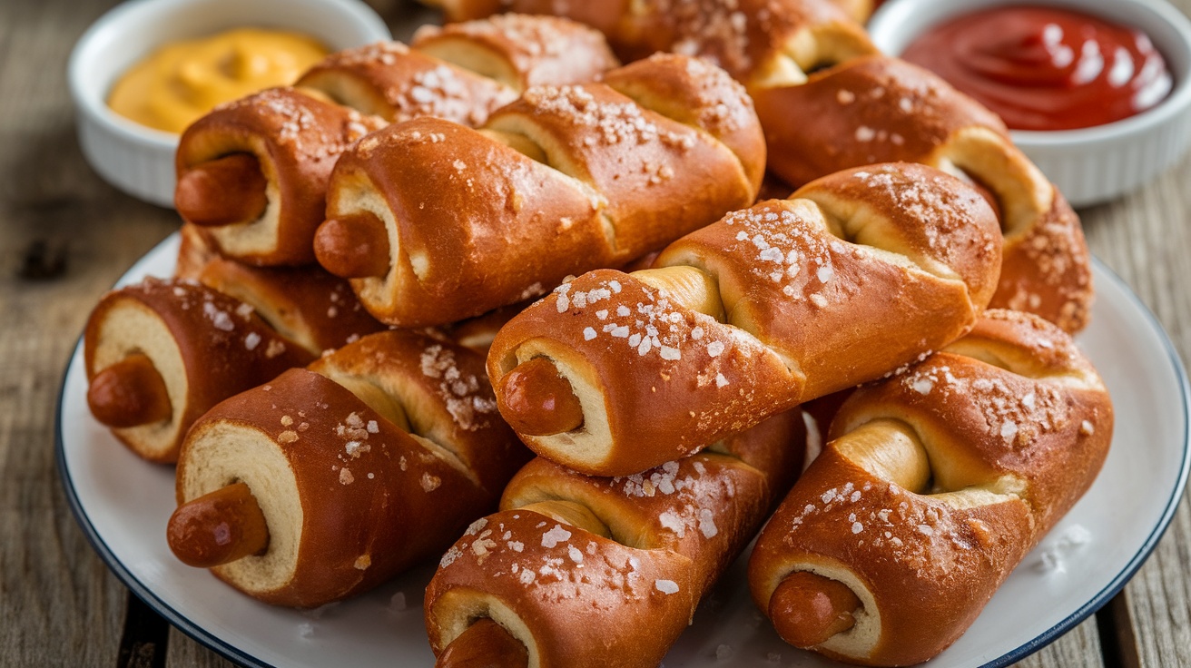 A close-up of golden Pretzel Dogs on a wooden platter, with condiments for dipping.