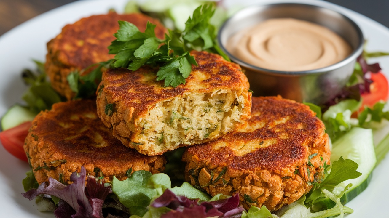 Crispy air fryer falafel on a plate, garnished with parsley and tahini sauce, accompanied by a fresh salad.