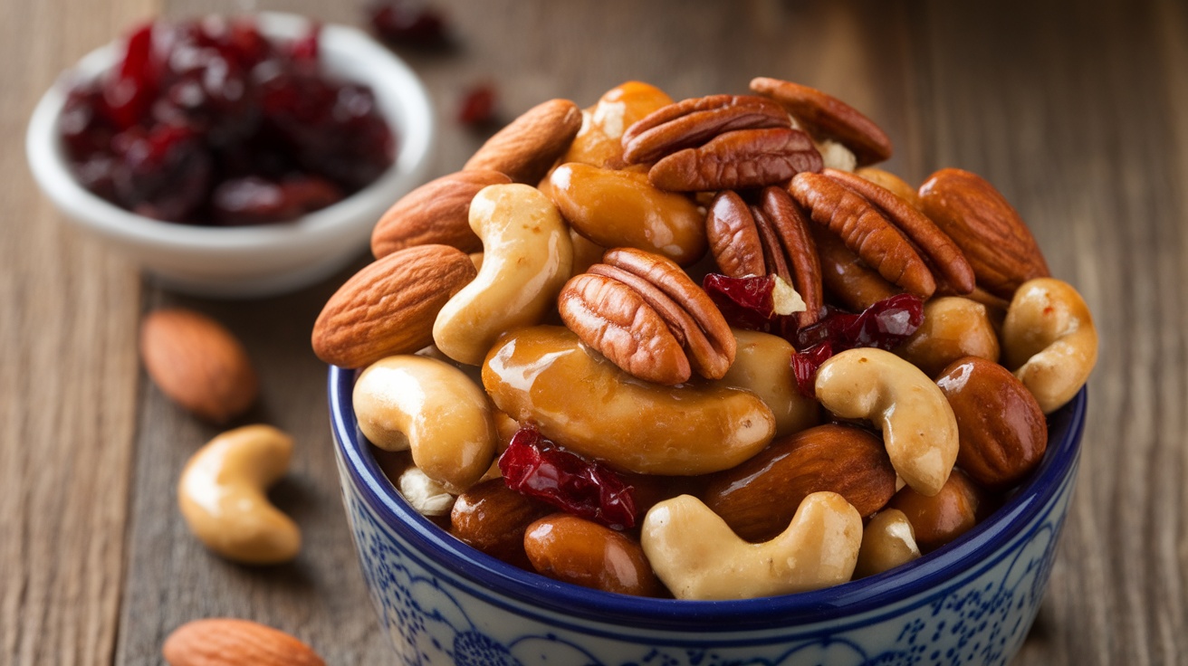 A colorful sweet and spicy nut mix with roasted nuts and cranberries in a bowl on a rustic wooden table.