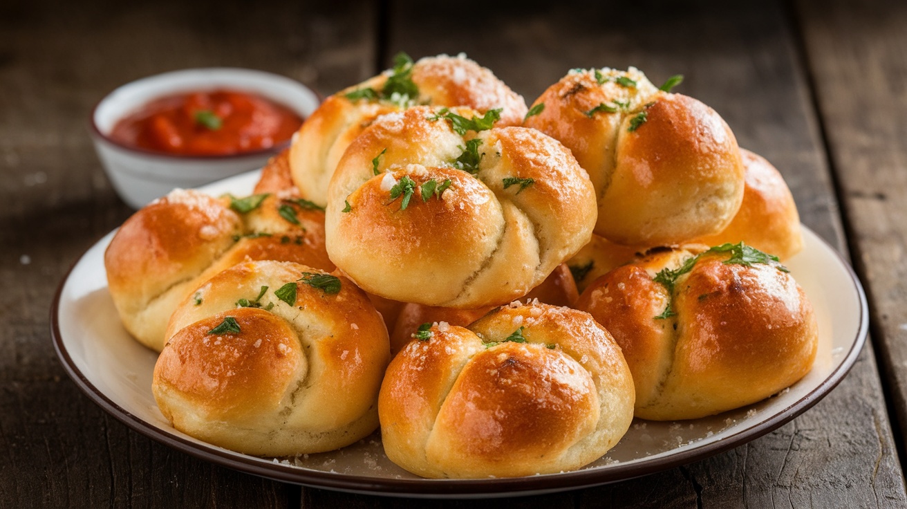 A plate of savory Parmesan Garlic Knots garnished with parsley, served with marinara sauce.