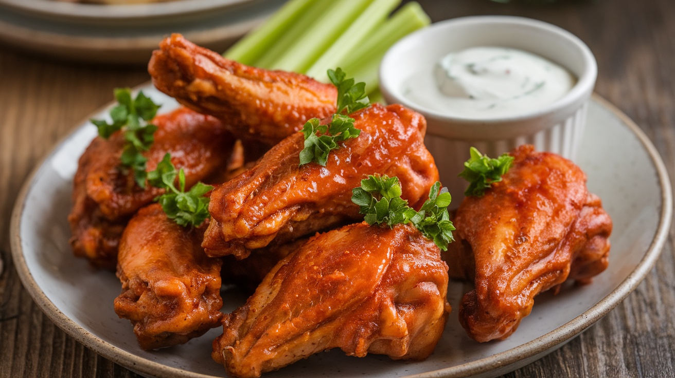 Crispy air fryer chicken wings served with celery and ranch dressing on a rustic table.