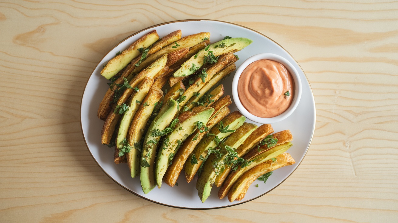 Crispy Air Fryer Avocado Fries on a plate with dipping sauce and herbs.