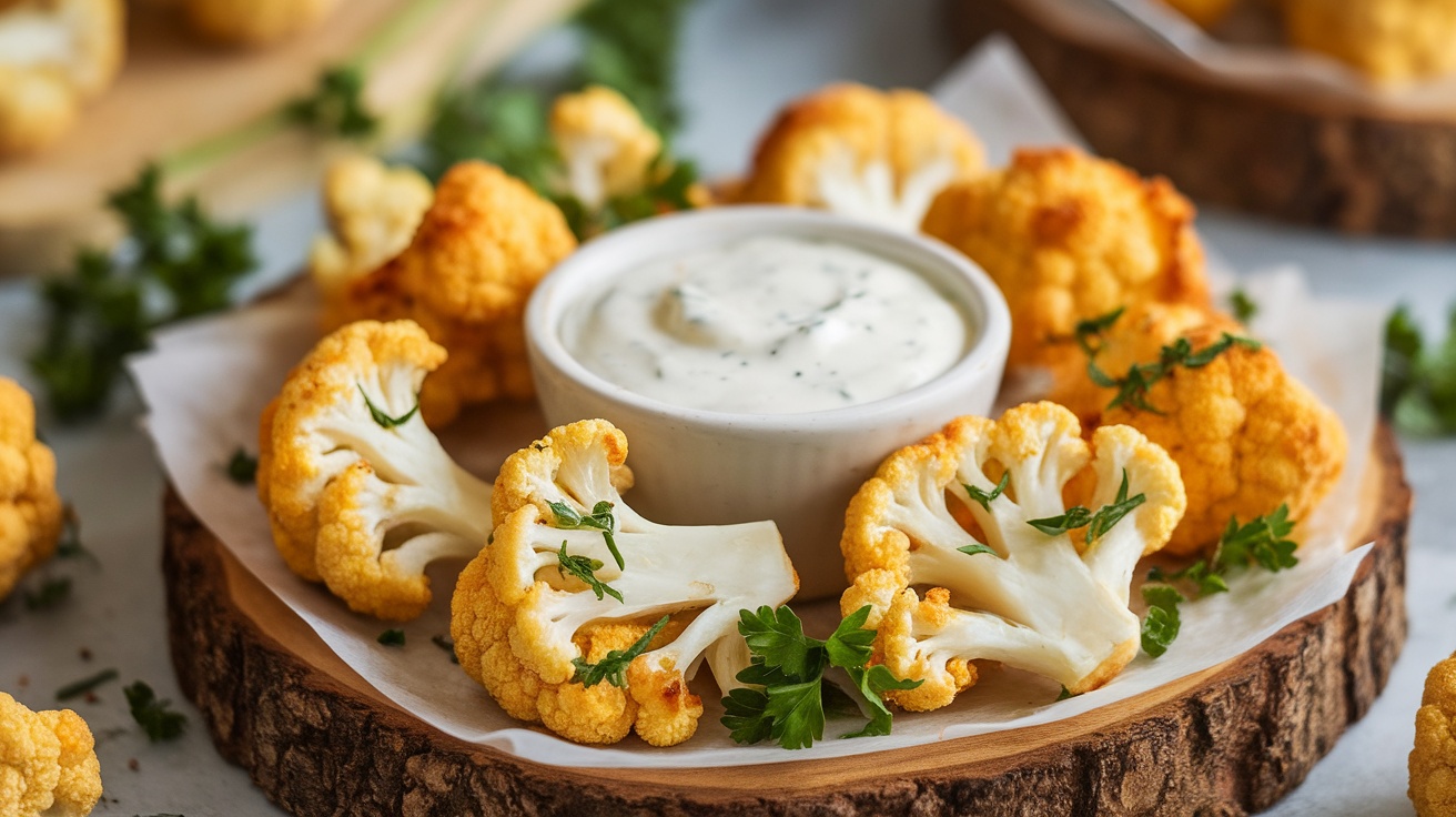 Crispy ranch cauliflower bites on a wooden platter with ranch dressing, garnished with parsley.