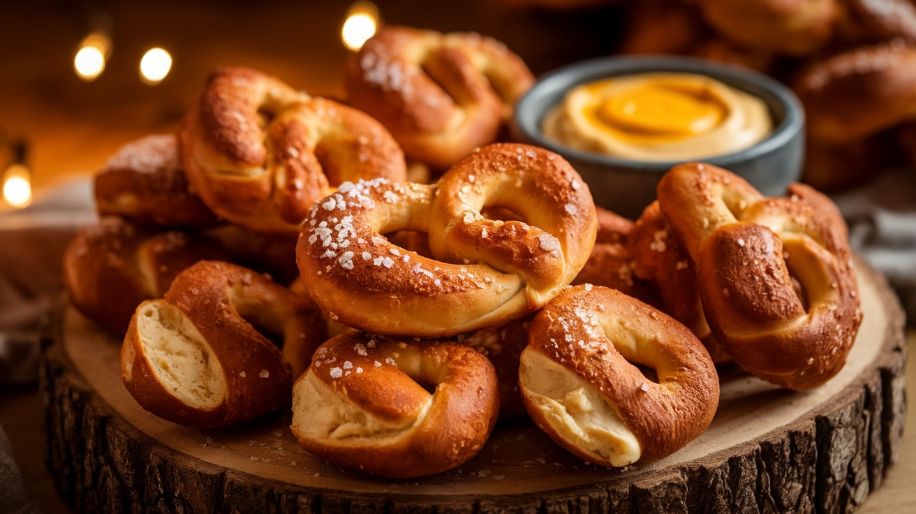 Golden brown Air Fryer Pretzel Bites with mustard and cheese dip on a wooden platter.