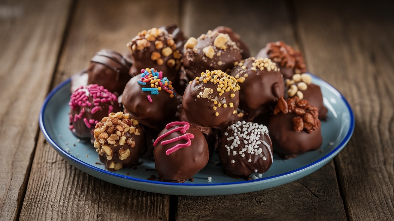 A plate of Chocolate-Covered Banana Bites with sprinkles and nuts, against a rustic wooden background.