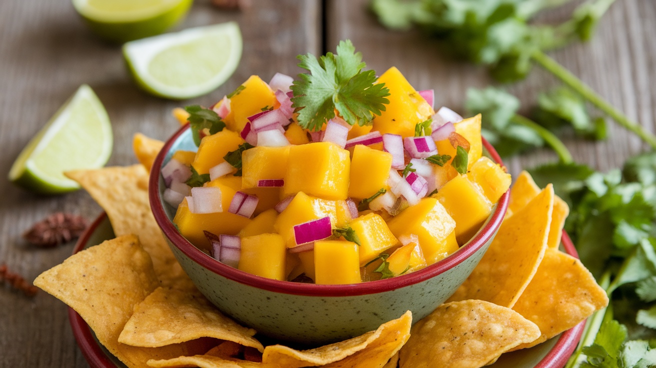 A bowl of fresh mango salsa surrounded by crispy tortilla chips, garnished with lime and cilantro.