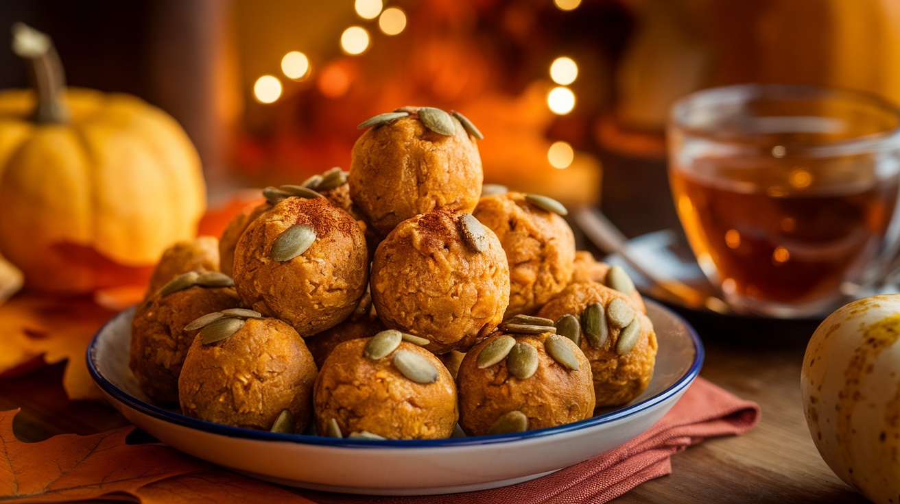 A plate of pumpkin spice energy balls garnished with pumpkin seeds, set in a cozy autumn-themed kitchen.