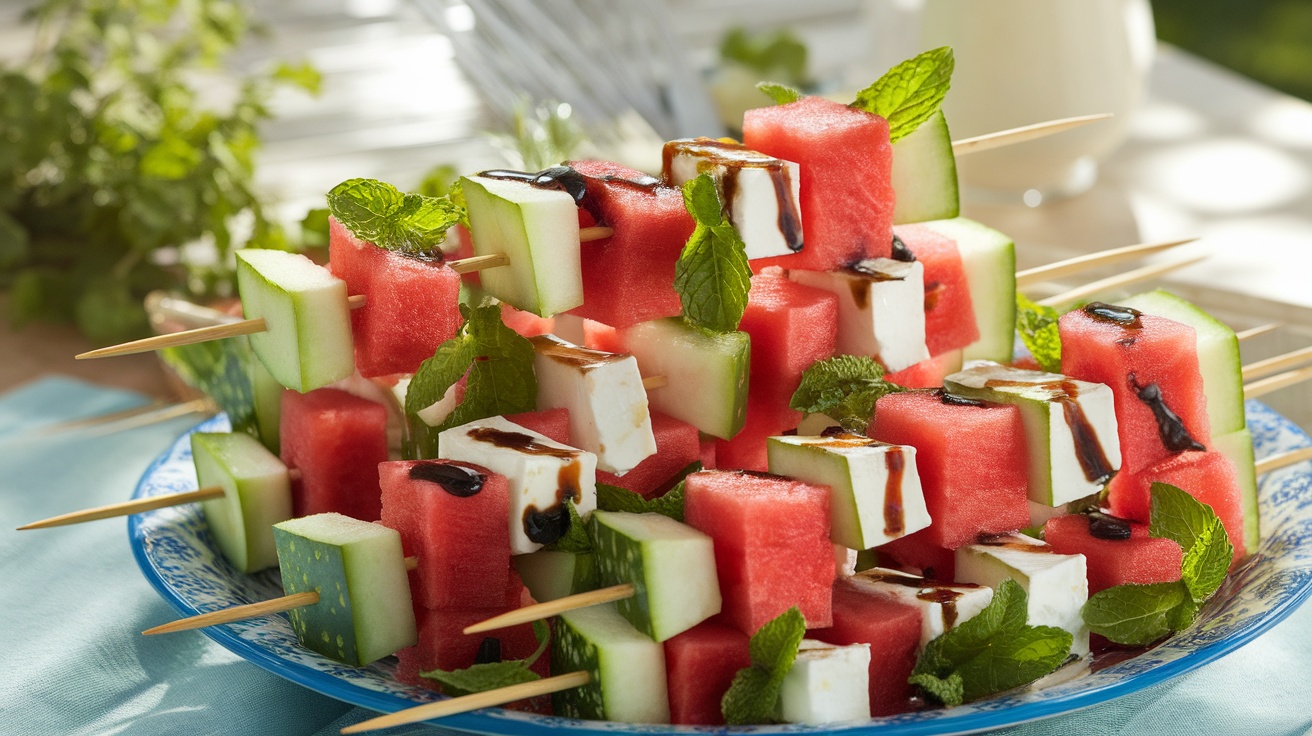 A vibrant platter of watermelon and feta skewers with mint leaves and balsamic glaze, ideal for a summer appetizer.