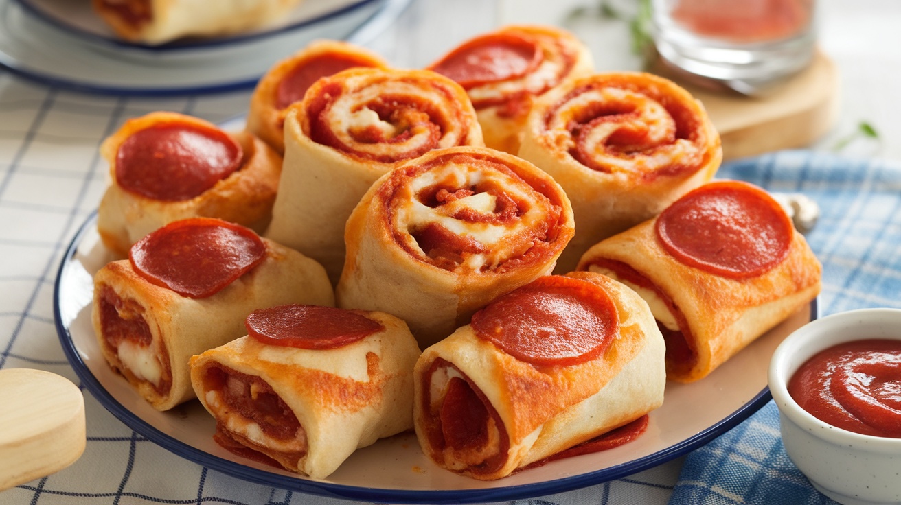 Golden brown Pepperoni Pizza Roll-Ups served with marinara sauce on a checkered tablecloth.