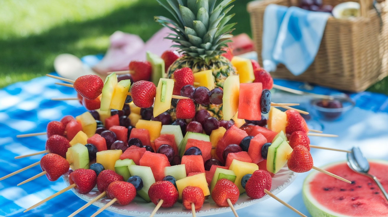 A platter of colorful fruit kabobs with strawberries, pineapple, watermelon, grapes, and cantaloupe.