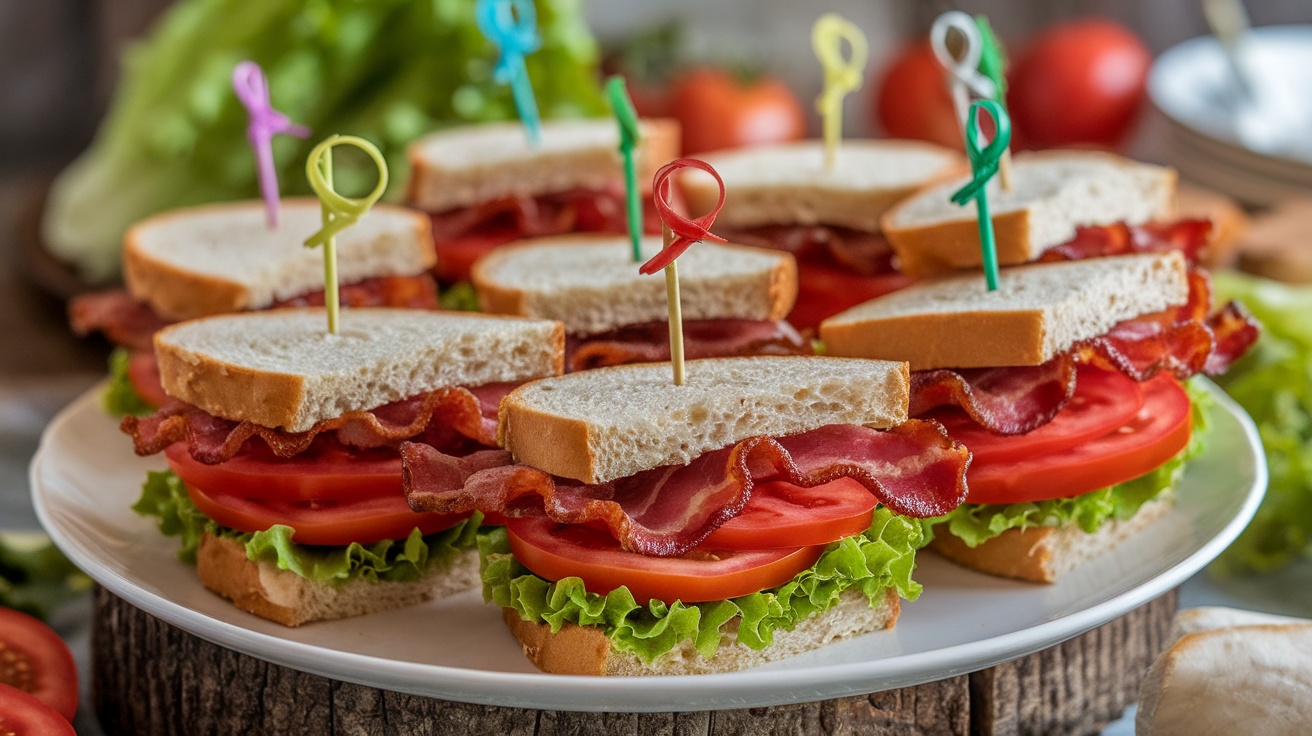 A platter of Mini BLT Sandwiches with bacon, lettuce, and tomato, served on a rustic table.