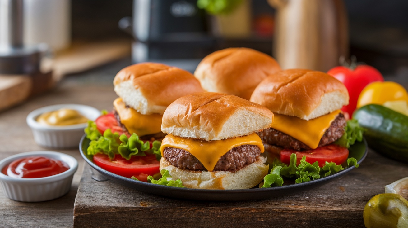 Delicious cheeseburger sliders with cheese and toppings on a wooden platter.