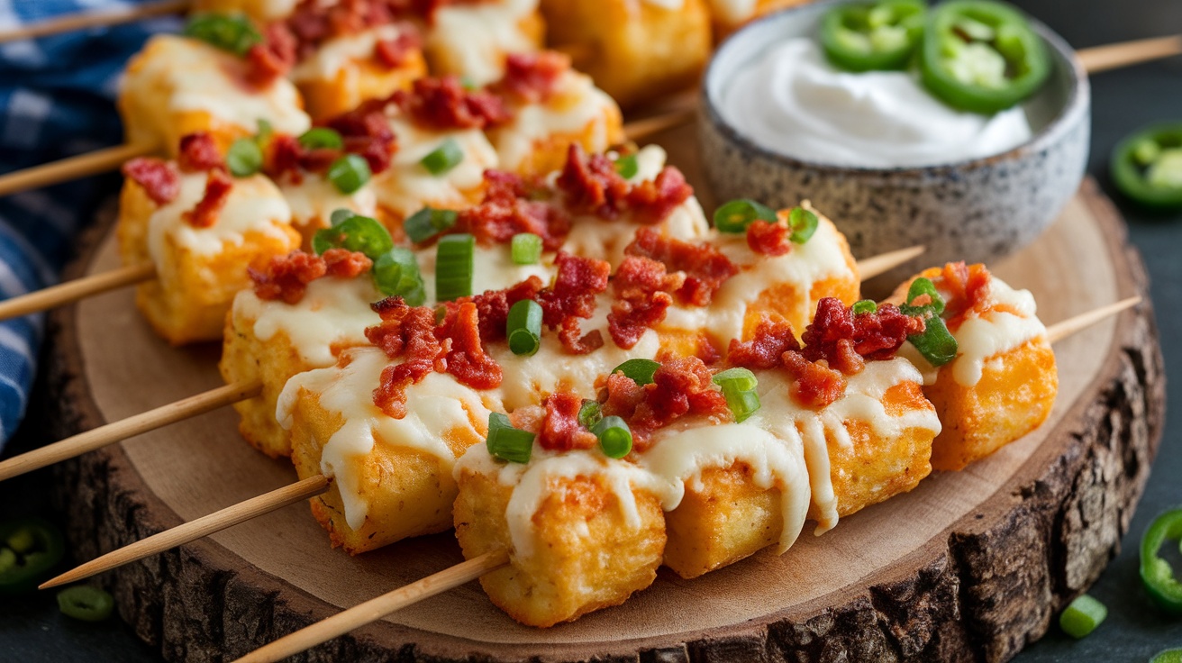 Cheesy loaded tater tot skewers with bacon and green onions on a rustic wooden board.