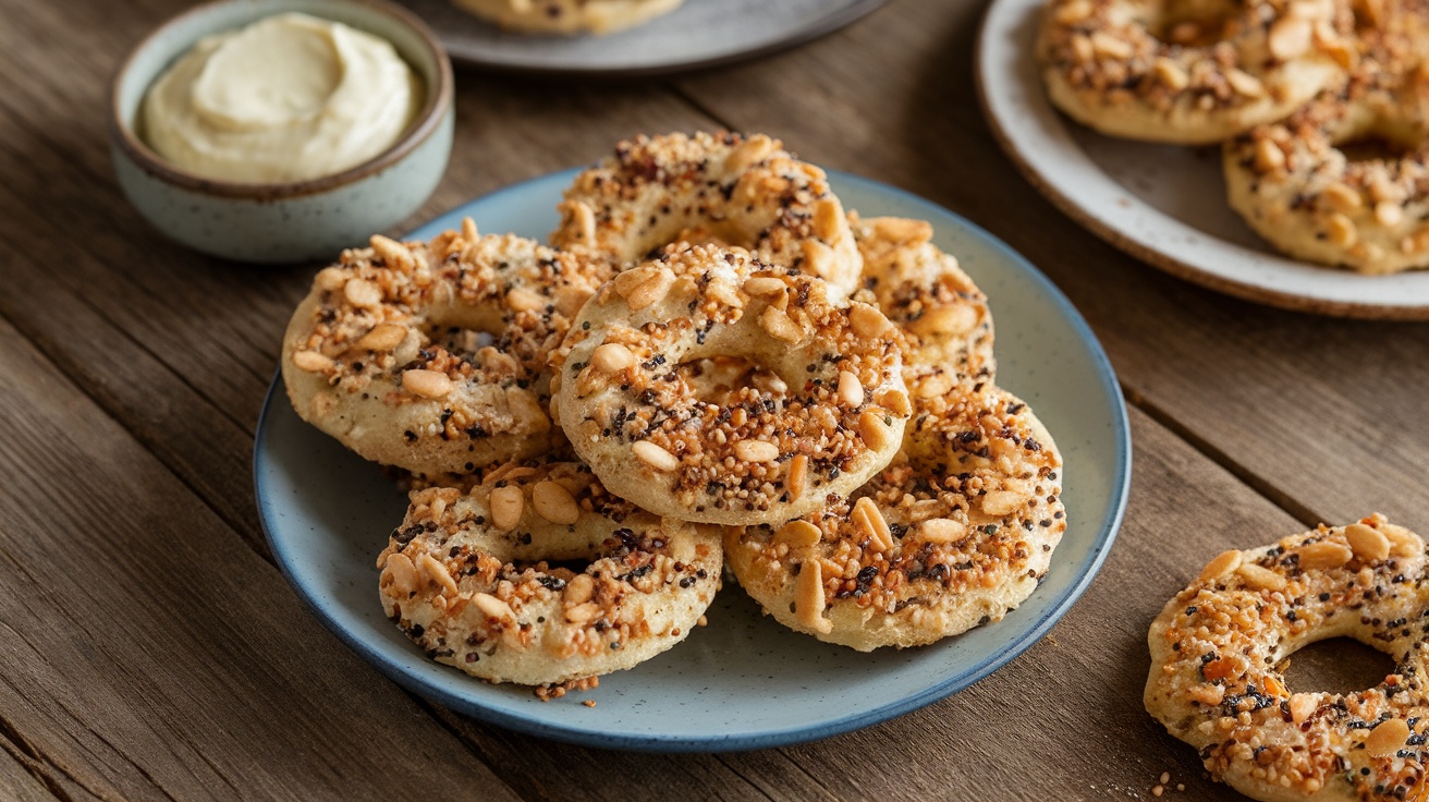 A plate of crispy everything bagel seasoned crackers surrounded by seeds, served with a dip.