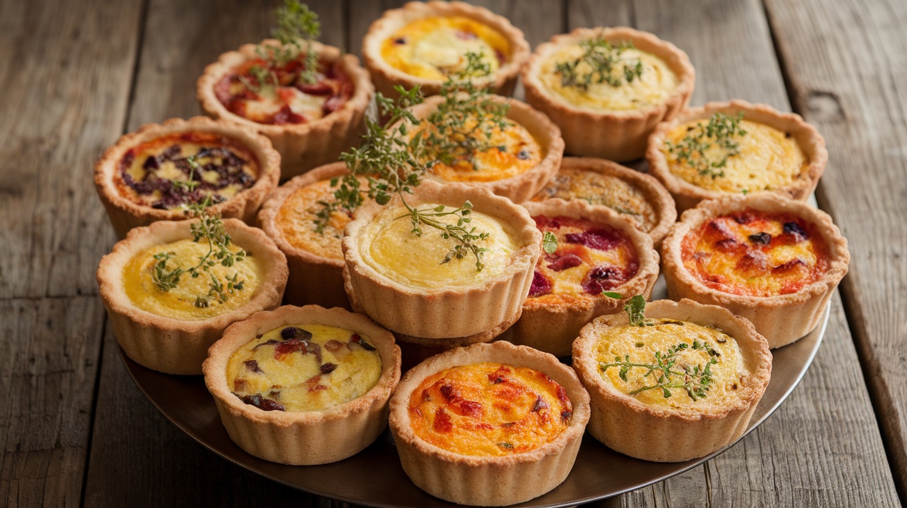 A colorful assortment of mini quiches on a rustic platter, garnished with herbs.