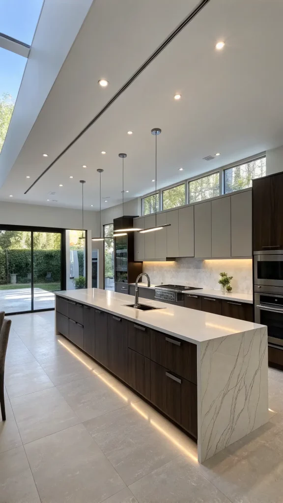 "Spacious modern minimalist kitchen with dark espresso cabinets, white quartz countertops, integrated appliances, LED lighting, and warm gray flooring, captured from a low angle in morning light"