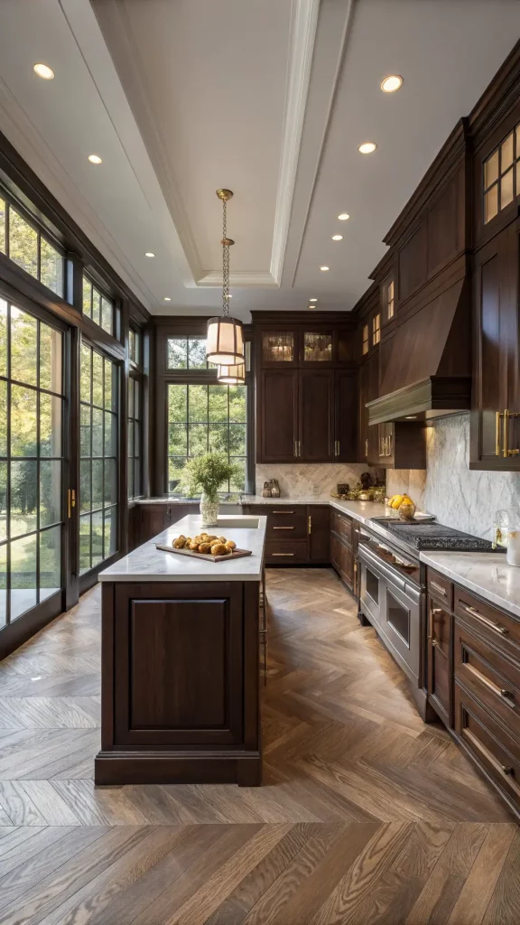 "Luxurious dark brown kitchen interior with espresso-stained cabinets, Calacatta marble countertops, herringbone hardwood floors, and professional-grade stainless appliances, illuminated by morning sunlight and under-cabinet LEDs."