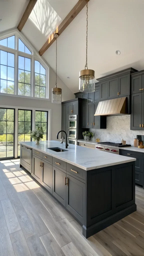 "Modern kitchen with floor-to-ceiling charcoal gray Shaker cabinets, white quartz waterfall countertop island, matte black appliances, and white oak flooring in a warmly lit room."