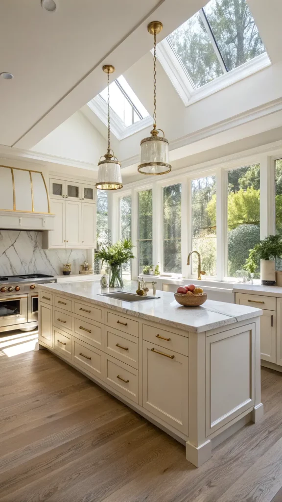 "Sunny transitional kitchen with cream Shaker cabinets, marble-veined quartz countertops, brass pendant lights, and white oak flooring, complemented by copper cookware, white ceramics, and fresh herbs in terracotta pots."