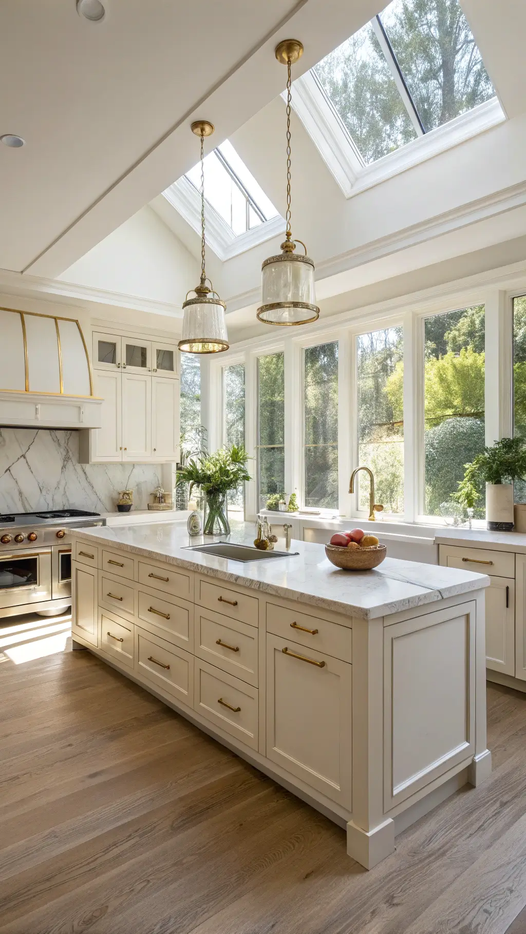 Sunny transitional kitchen with cream Shaker cabinets, marble-veined quartz countertops, brass pendant lights, and white oak flooring, complemented by copper cookware, white ceramics, and fresh herbs in terracotta pots.
