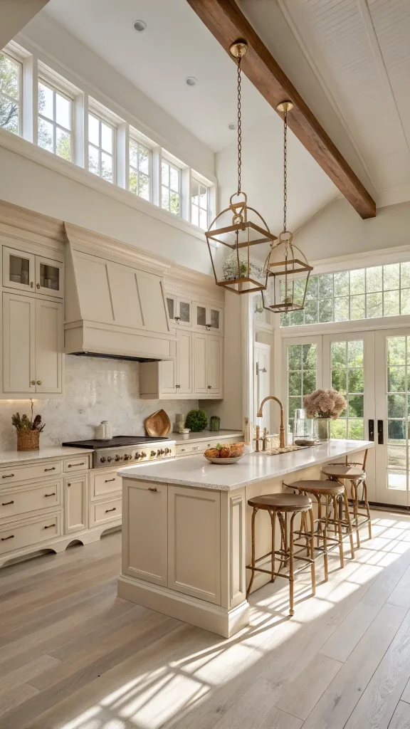 "Spacious sunlit modern farmhouse kitchen with beige Shaker-style cabinets, pearl white quartzite countertops, wide-plank white oak flooring, a center island with rattan barstools, and hanging vintage copper pots."