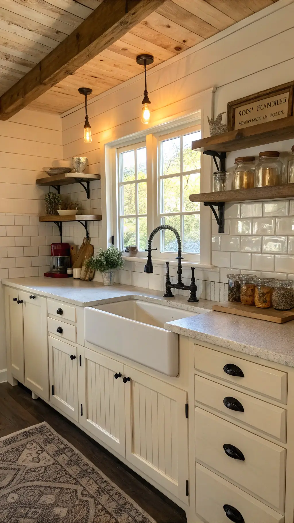 Vintage farmhouse kitchen with cream beadboard cabinets, wooden ceiling beams, white subway tile backsplash, and antique decor during golden hour.
