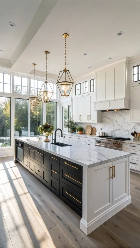 "Open-concept modern kitchen with white upper cabinets, black lower cabinets, central black quartz island, and white oak flooring, adorned with artisanal ceramics and fresh herbs"
