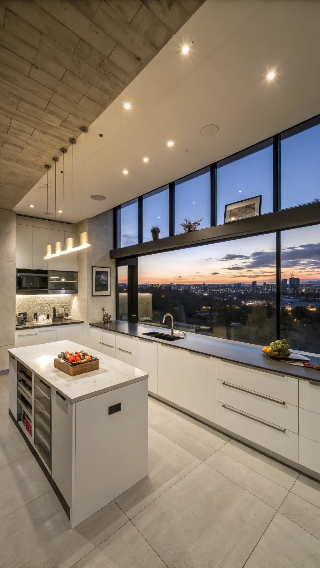 Modern open-concept kitchen with cream cabinets, concrete countertops, floor-to-ceiling windows overlooking the city, styled with minimalist decor and illuminated by cool evening light and warm undercabinet lighting.