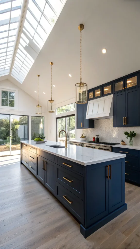 "Spacious modern kitchen with navy blue shaker cabinets, white quartz waterfall island, and brass pendant lights, illuminated by warm afternoon sunlight and soft fill lighting at golden hour"