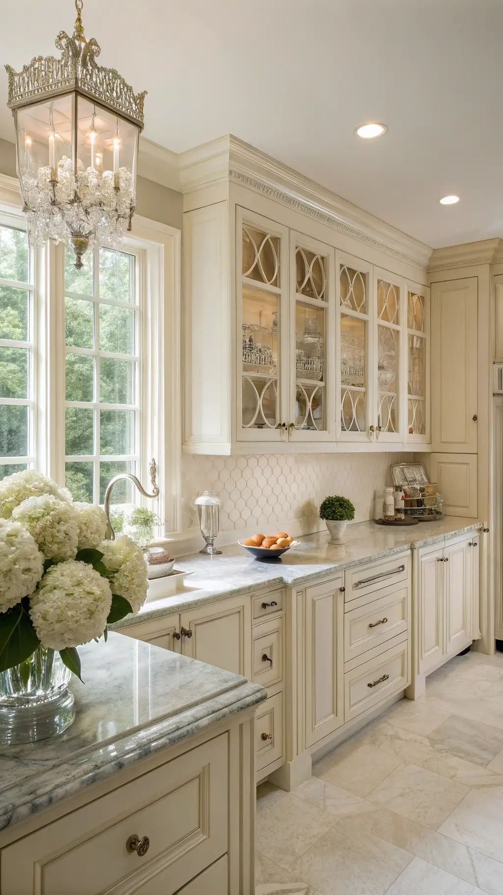 Traditional cozy kitchen with cream cabinets, Carrara marble counters, marble backsplash, and polished nickel accents, styled with silver tea service, white hydrangeas, and vintage china in morning light.