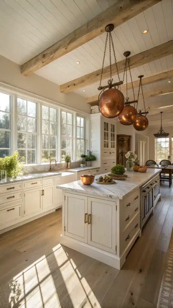 "Spacious and luxurious farmhouse kitchen with antique white Shaker cabinets, a weathered oak island with marble countertop, and wide-plank white oak flooring, all bathed in morning light"