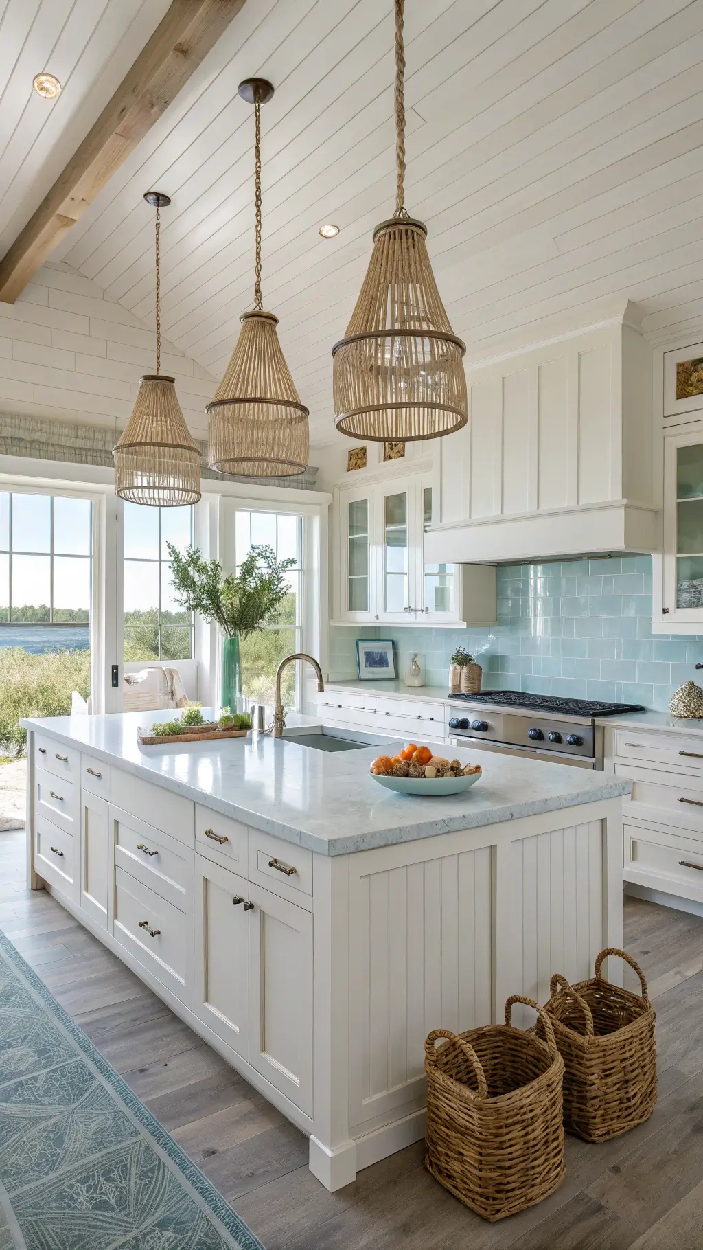 Bright and airy coastal kitchen with cream cabinets, white quartz counters, blue tiled backsplash, rattan lights, driftwood accents, and decor featuring ceramics, seagrass baskets, and coral specimens.