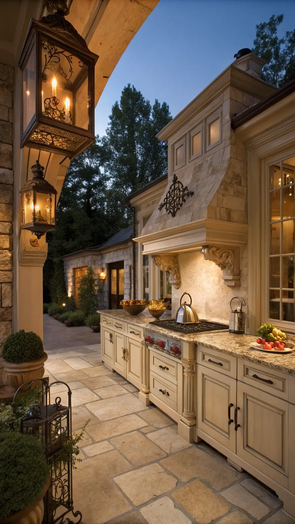 Elegant French country kitchen at twilight with cream distressed cabinets, limestone counters, brass lanterns and styled with copper pots and fresh produce.