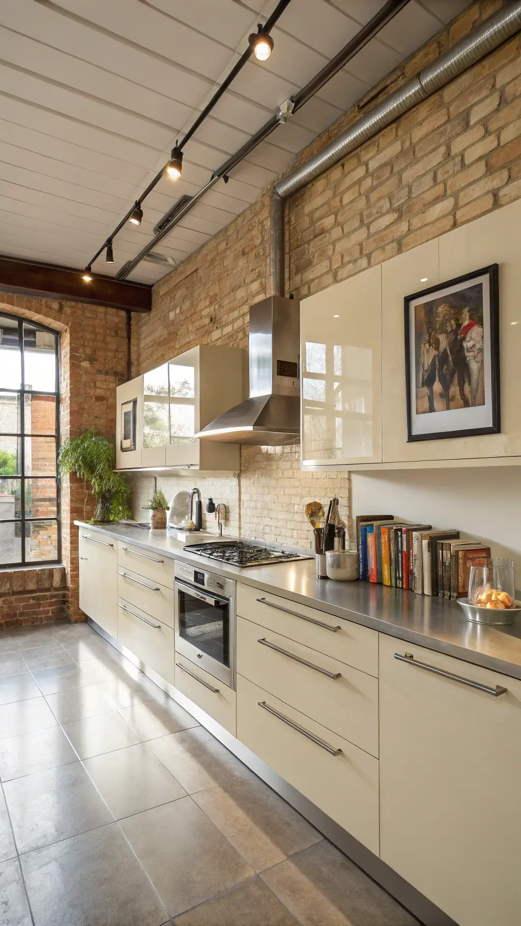 Overhead view of a contemporary 16x20ft industrial-chic kitchen with cream high-gloss cabinets, stainless steel counters, matching appliances, exposed brick wall, modern track lighting and styled with chrome accessories, architectural cookbooks, and modern art pieces in afternoon light.