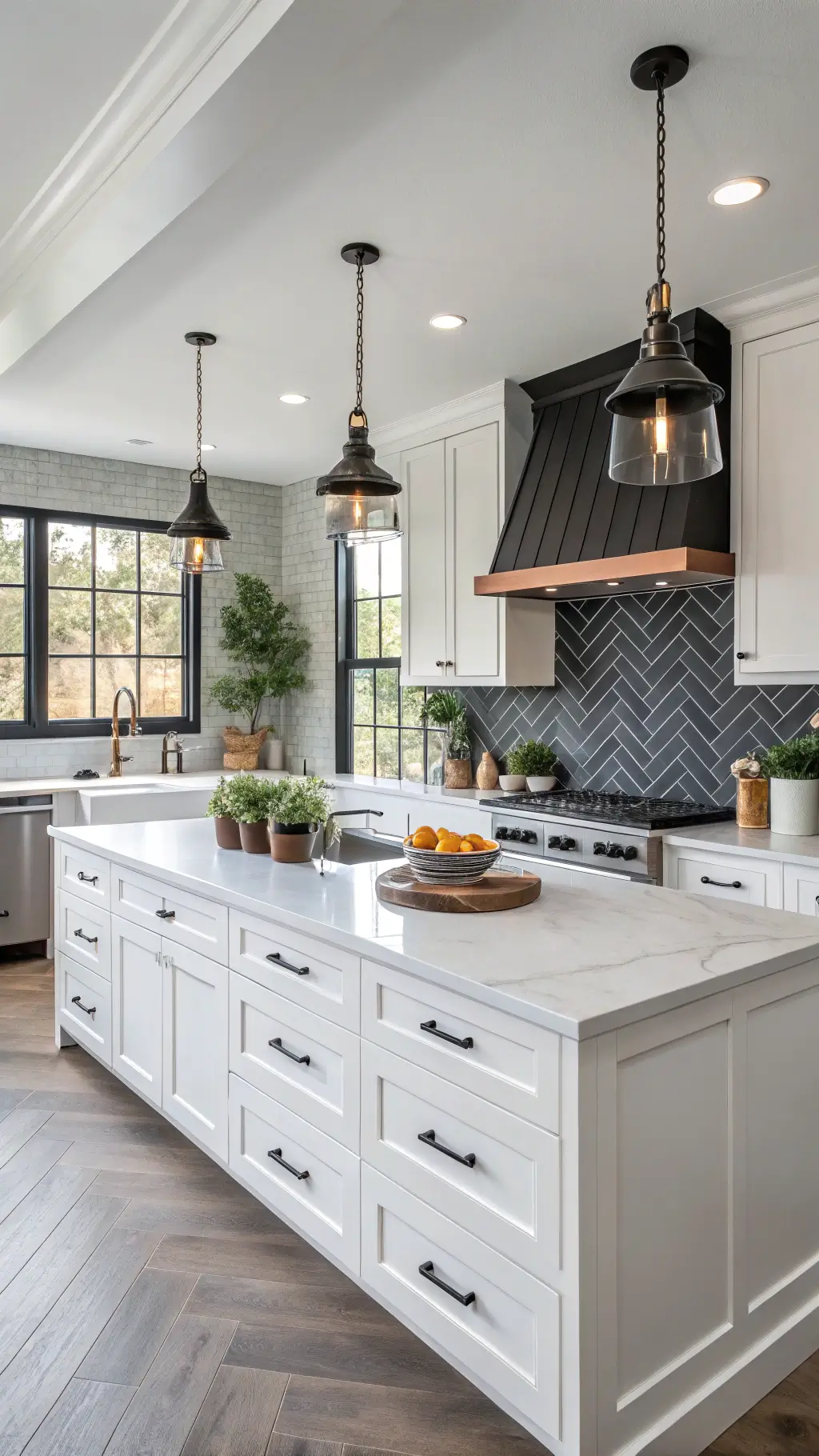 Transitional farmhouse kitchen with white cabinets, charcoal herringbone tile backsplash, matte black hardware, industrial pendant lights, white oak flooring, and waterfall quartz countertop island, styled with copper cookware, potted herbs, and vintage cutting boards.