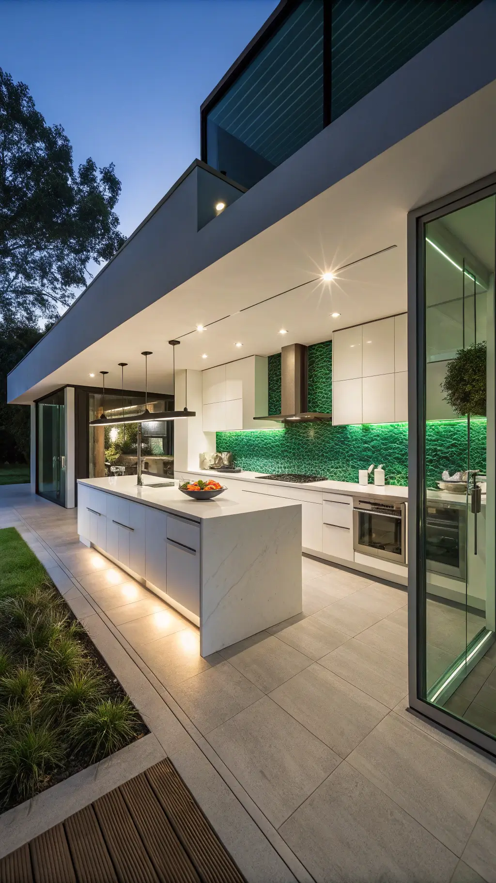 Modern minimalist kitchen with white lacquered cabinets, emerald green glass tile backsplash, integrated appliances, and a waterfall island under moody evening atmosphere lighting.