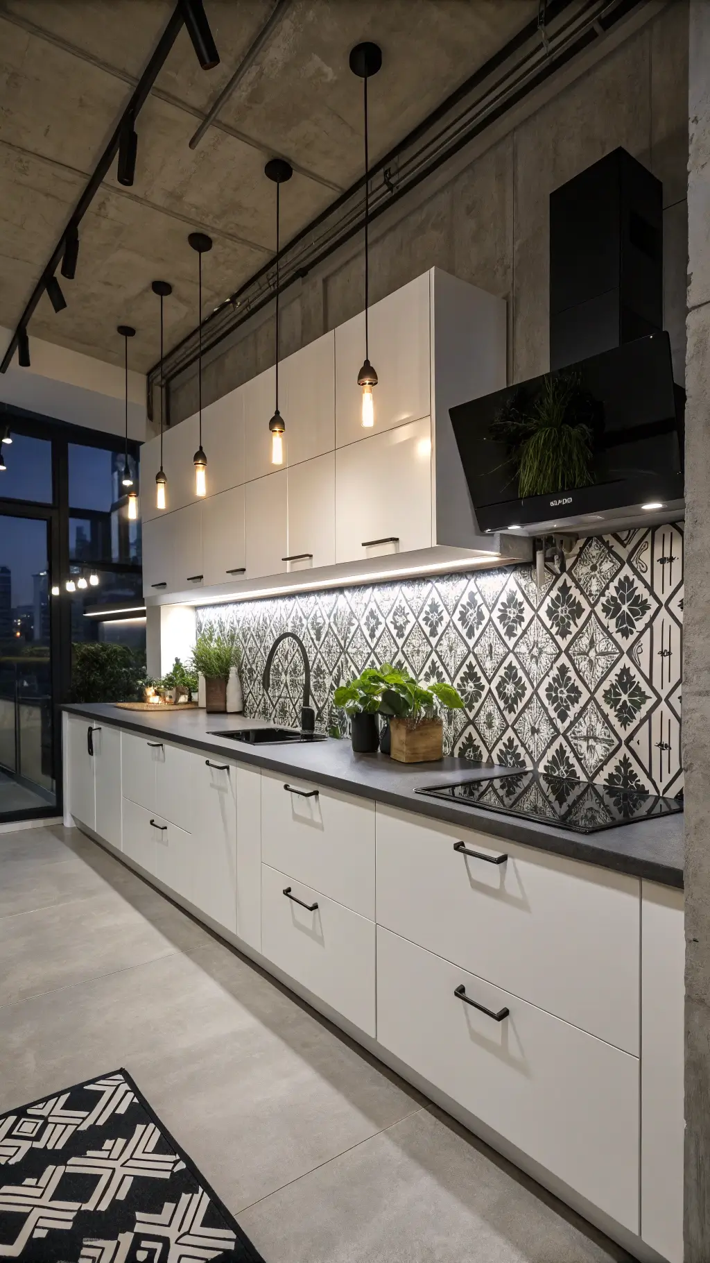 Urban loft kitchen at twilight with sleek white cabinets, black and white cement tile backsplash, matte black fixtures, concrete countertops, linear pendant lights creating shadows, styled with black ceramics and greenery; enhanced by moody evening lighting and geometric patterns.