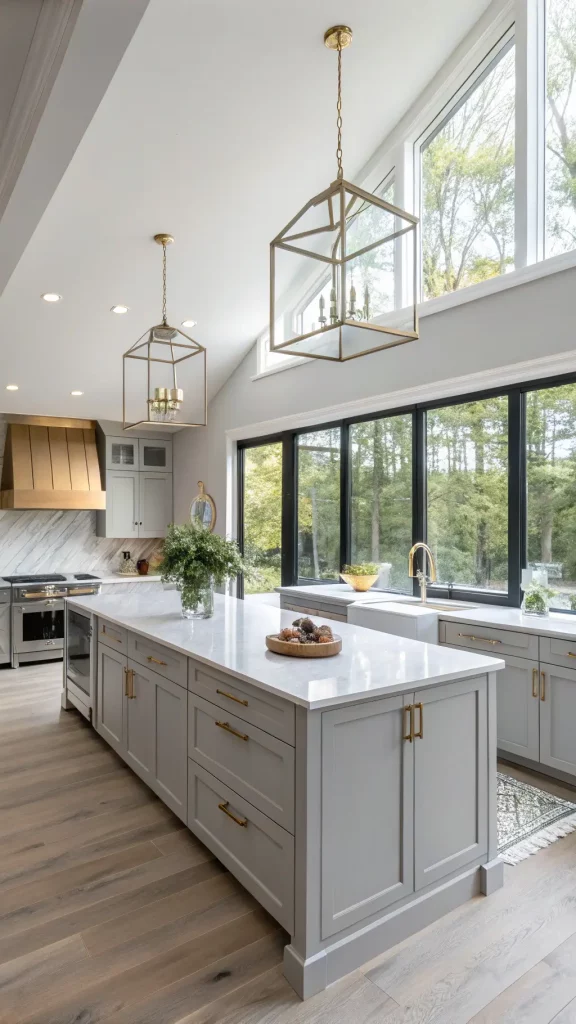 "Modern kitchen with gray shaker cabinets, brass hardware, white quartz island, layered lighting and white oak floors, bathed in morning light from floor-to-ceiling windows."