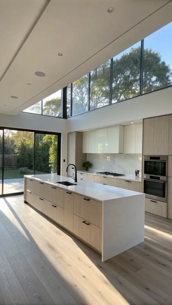 "Sunlit modern minimalist kitchen with taupe cabinets, white quartz island, and glossy glass backsplash with oak flooring"