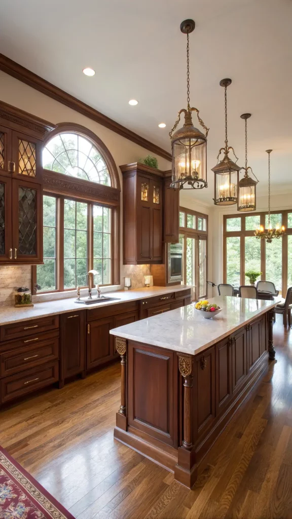 "Classic elegant kitchen with cherry wood cabinets, white marble countertops, an island with seating, lit by morning light streaming in through floor-to-ceiling windows."