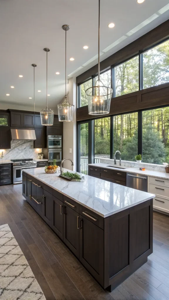 "Contemporary kitchen with floor-to-ceiling windows, sleek espresso cabinets, white quartz countertops, center island with waterfall edges, glass pendant lights, stainless steel appliances, marble herringbone backsplash, and decorative greenery and copper cookware."
