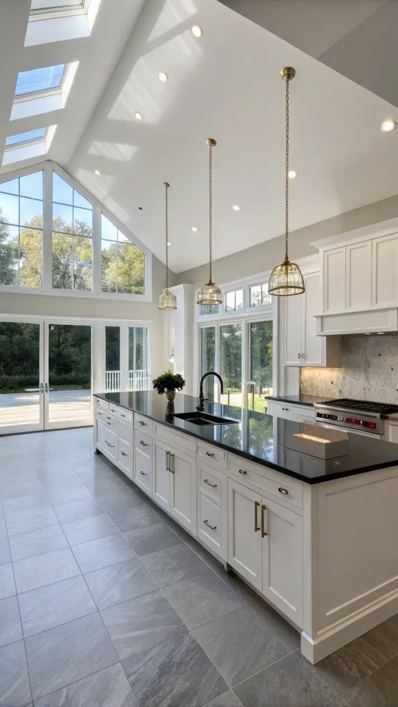 "Modern minimalist kitchen with white shaker cabinets, black granite countertops, brushed gold hardware, and sunlight streaming through the floor-to-ceiling windows"