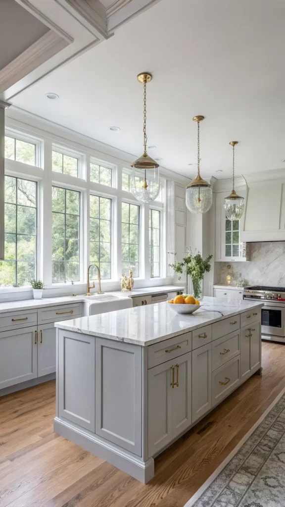 "Modern transitional 12x15ft kitchen with floor-to-ceiling windows, grey shaker cabinets, white Carrara marble countertops, crystal pendant lights over a 6ft marble island, gold hardware, white subway tile backsplash, and natural oak hardwood floors."
