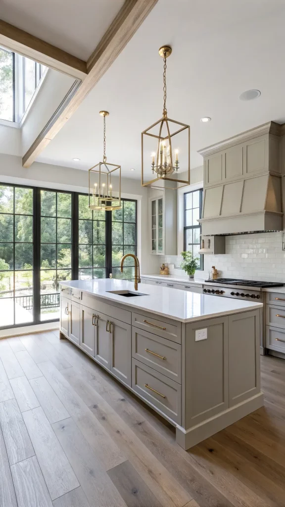 Bright, airy 12x15ft kitchen with greige cabinets, white quartz countertops, vintage pendant lights, subway tile backsplash, and white oak flooring, highlighted by morning sunlight streaming through floor-to-ceiling windows.
