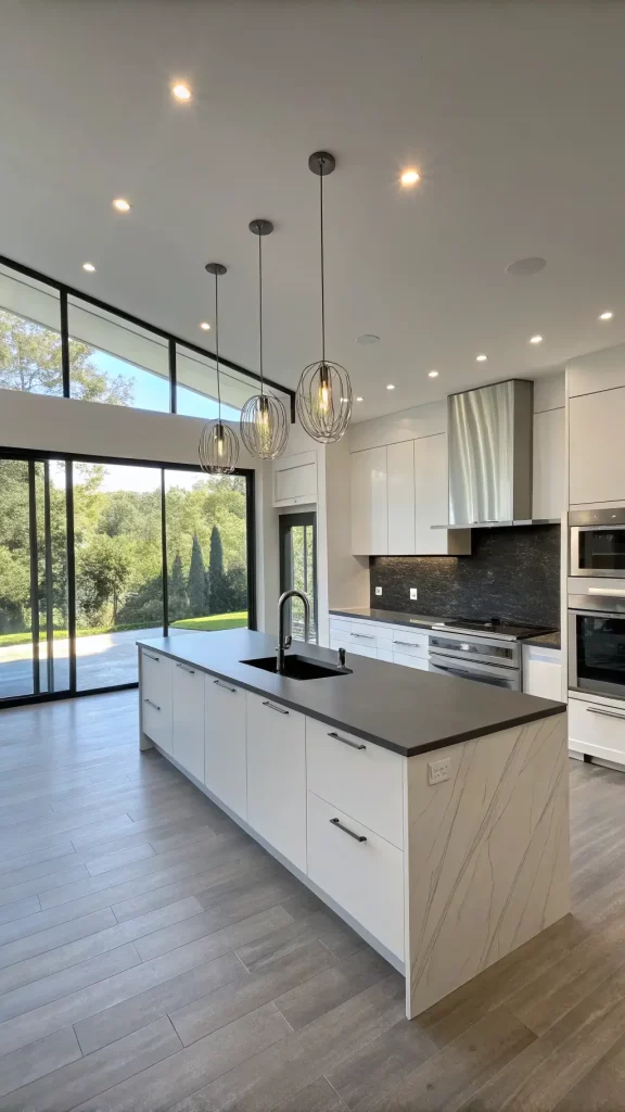 "Spacious minimalist kitchen with floor-to-ceiling windows, sleek white cabinets, matte charcoal gray island, white quartz countertops, chrome appliances, and modern pendant lights."