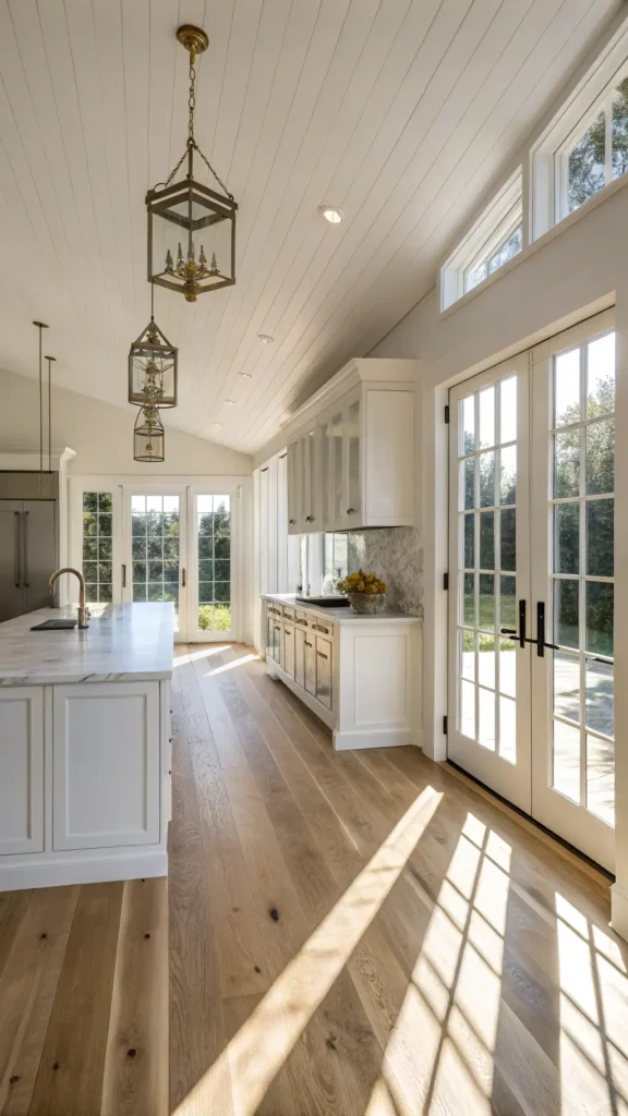 "Bright, airy modern farmhouse kitchen with floor-to-ceiling windows, light oak floors, white marble island, and vintage brass pendant lights, shot during golden hour"