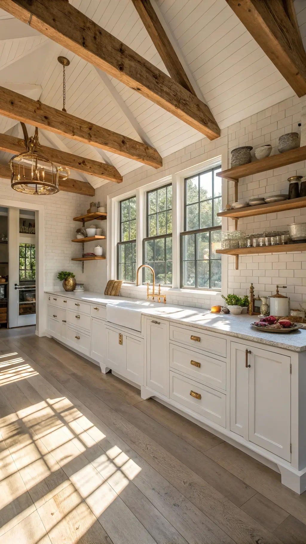 Sun-drenched farmhouse kitchen with high wooden beam ceilings, white shaker cabinets, a weathered oak island, open shelving with ironstone and copper cookware and Carrara marble countertops.